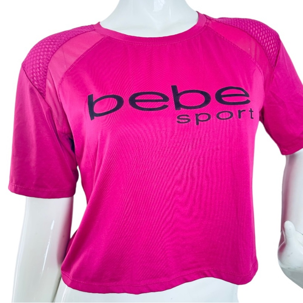 Bebe Sport Cropped Pink T-Shirt Logo Size Large Polyester Spandex
